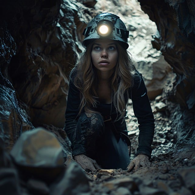 Une femme portant une lampe frontale sur la tête