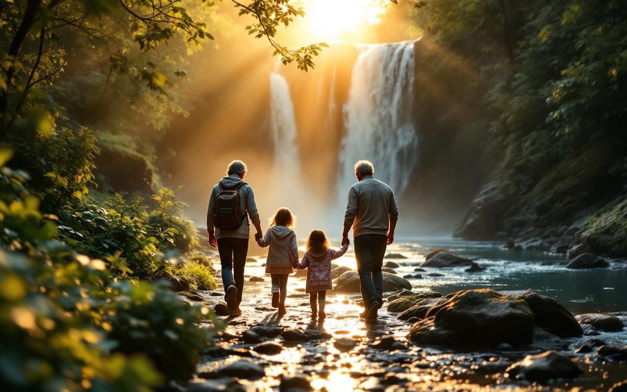 Photo réaliste d'une famille marchant sur un sentier au bord d'une rivière, près d'une cascade. Parents et enfants avancent sur des rochers mouillés, entourés d'une végétation luxuriante et d'une brume fine, baignés par une lumière dorée de coucher de soleil.