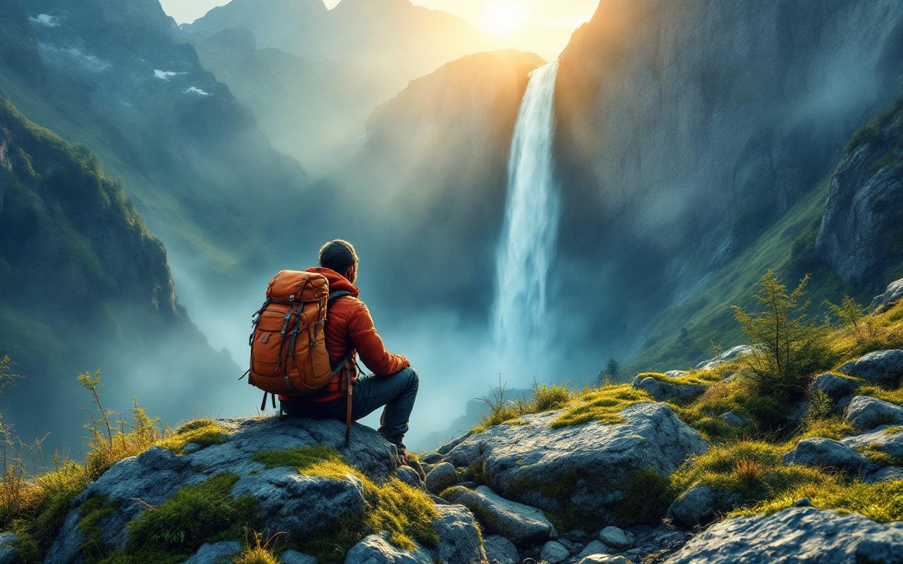 Randonneur assis sur un rocher, sac à dos, regardant une grande cascade de montagne entourée de falaises et de végétation, brume légère illuminée par des rayons dorés du coucher de soleil.