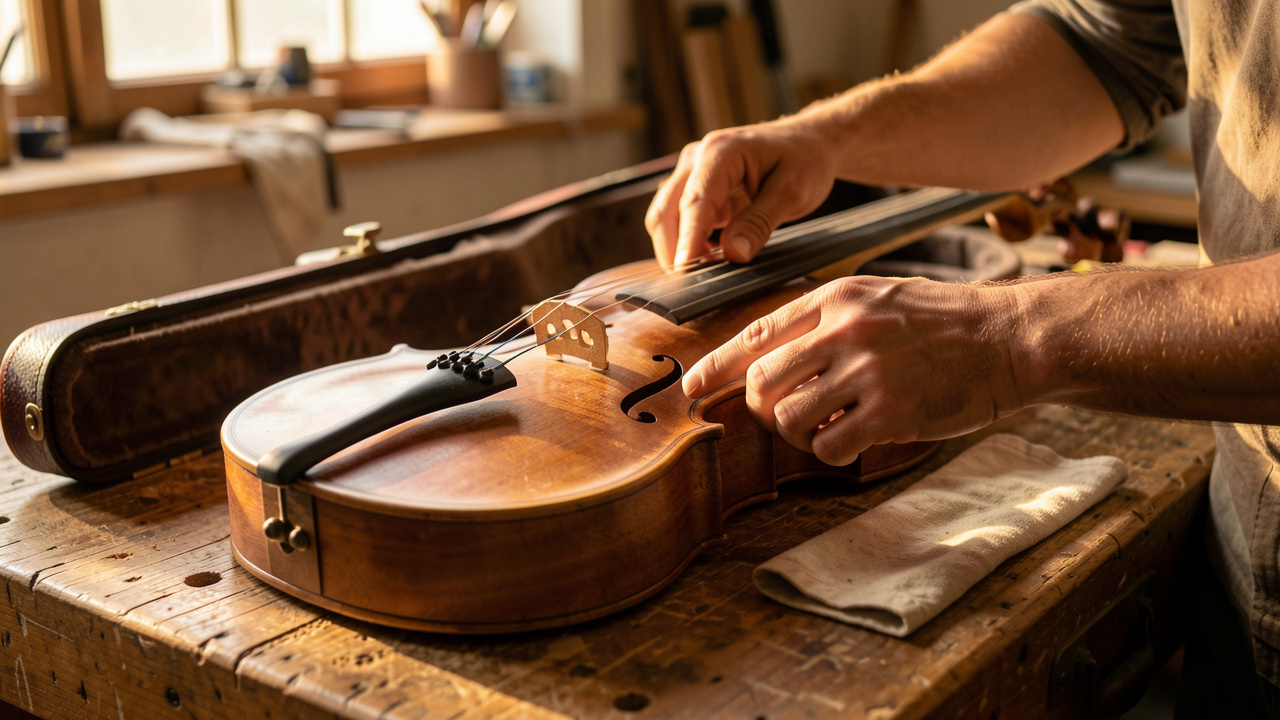Instrument à cordes en bois posé sur un établi, avec un chiffon doux et un étui dans une ambiance chaleureuse et lumineuse.