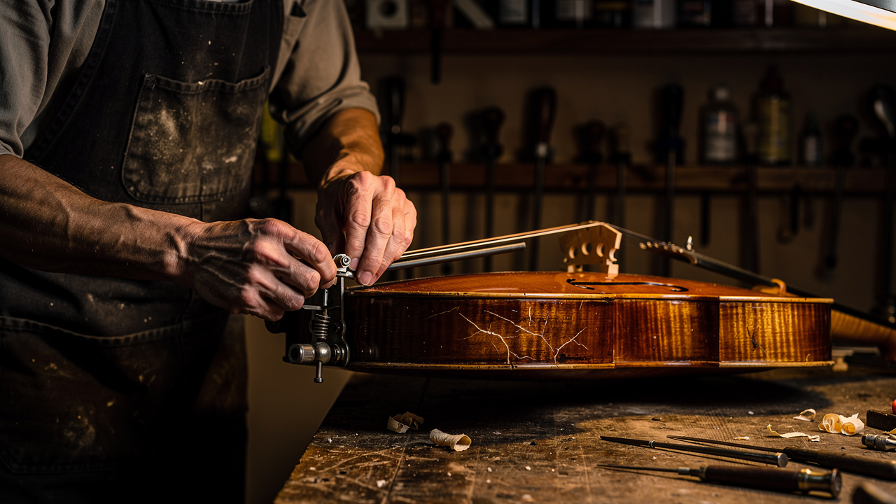 Un luthier ajuste avec soin un instrument ancien à cordes sur un établi en bois, dans un atelier chaleureux, outils à proximité et lumière naturelle.