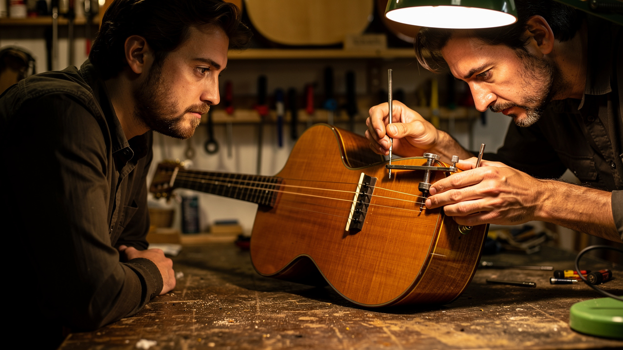 Un musicien amateur observe dans un atelier de lutherie un artisan régler une guitare, avec des outils de précision et un éclairage chaud.