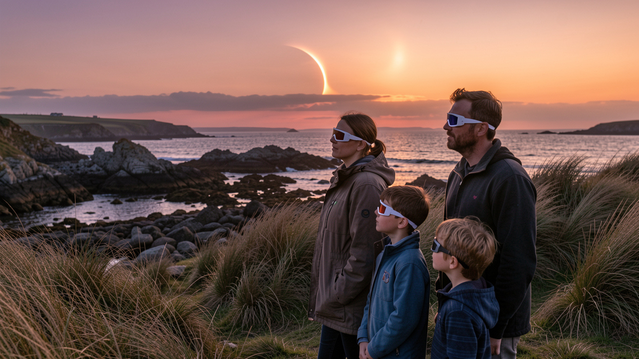 Une famille observe une éclipse solaire partielle au coucher du Soleil depuis une côte rocheuse bretonne, équipée de lunettes de protection.