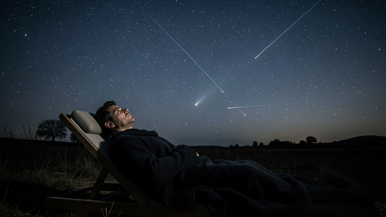Une personne allongée sur une chaise longue dans un paysage sombre, observant un ciel étoilé avec quelques météores visibles.