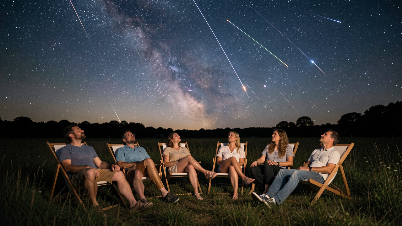 Six amis, trois hommes et trois femmes, allongés sur des chaises longues dans une prairie sombre en France, observent des étoiles filantes des Perséides sous une Voie lactée lumineuse.
