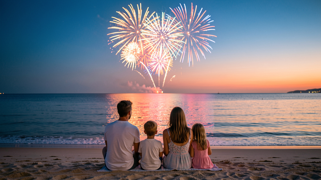 Une famille observe un feu d’artifice coloré au-dessus de la mer depuis une plage française au crépuscule.