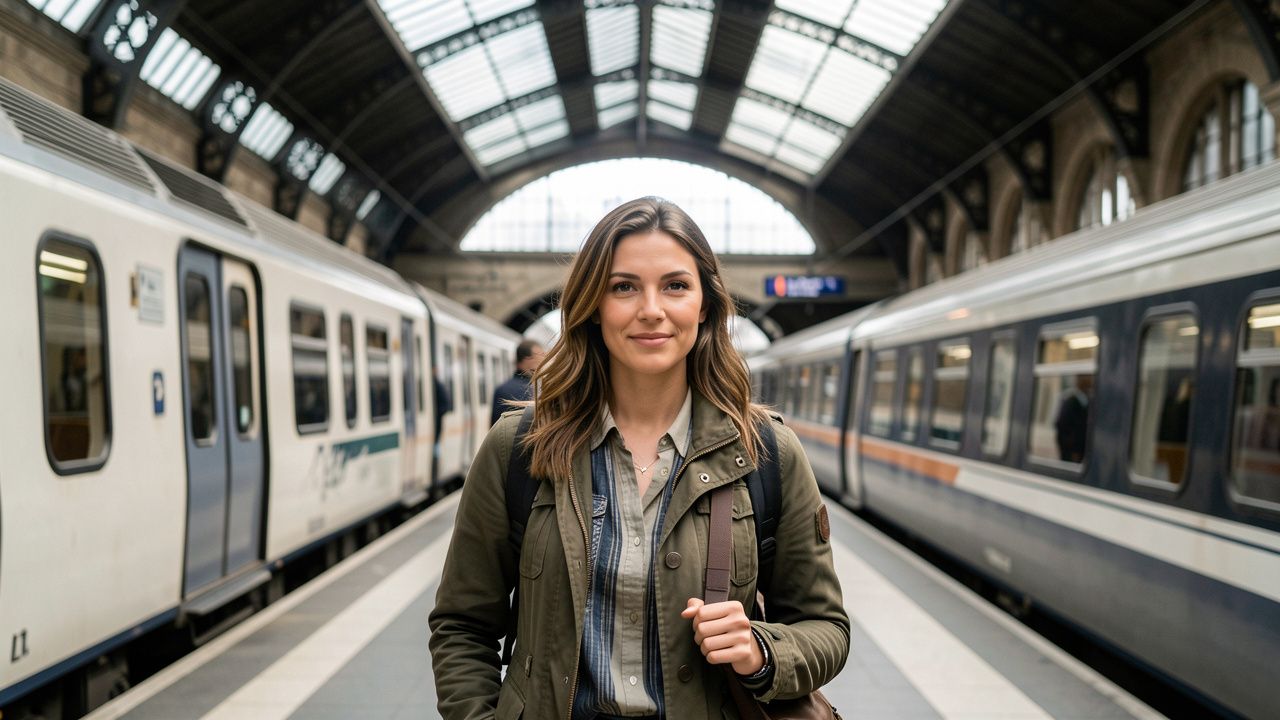 Un photographe réalise le portrait professionnel d’une femme voyageuse dans une grande gare parisienne, entre deux trains à l’arrêt.