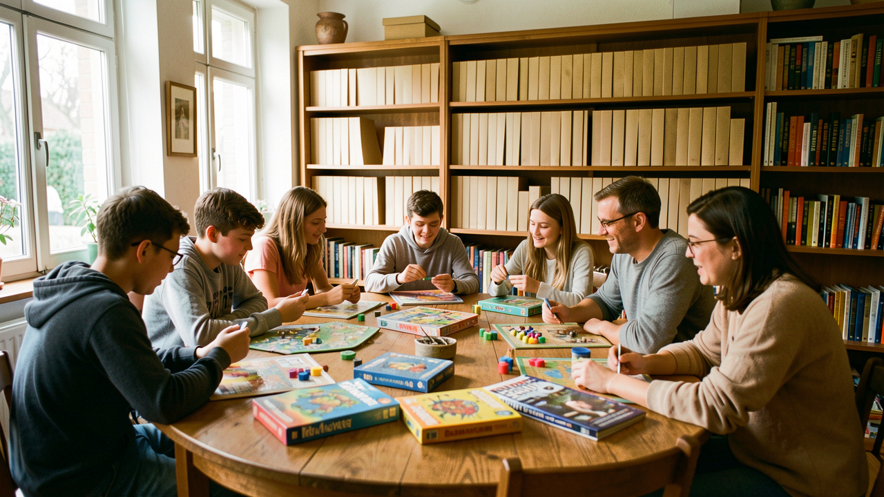 Intérieur chaleureux d’une médiathèque française où des adolescents et des adultes jouent ensemble à des jeux de société autour de tables, avec des rayonnages de livres en arrière-plan et une lumière naturelle.