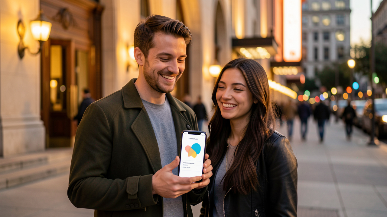 Jeune couple souriant devant une salle de concert au début de la soirée, tenant un smartphone affichant un billet numérique.
