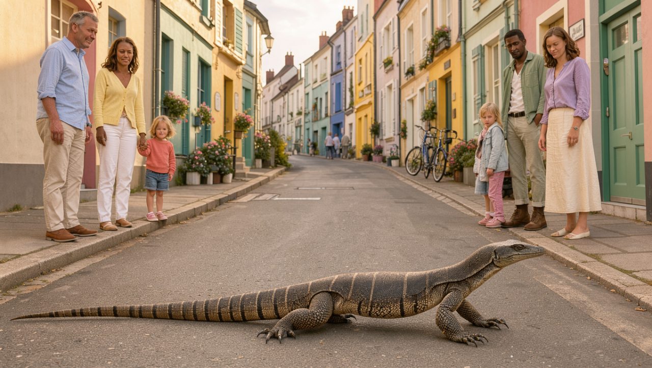 Un grand varan calme avance dans les rues du Courgain Maritime à Calais, tandis que des familles observent la scène depuis les trottoirs dans une ambiance printanière.